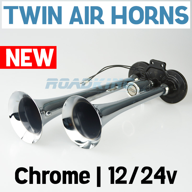 A set of 'Very Loud' truck, van or car twin chrome air horns that run from 12 or 24 volts.